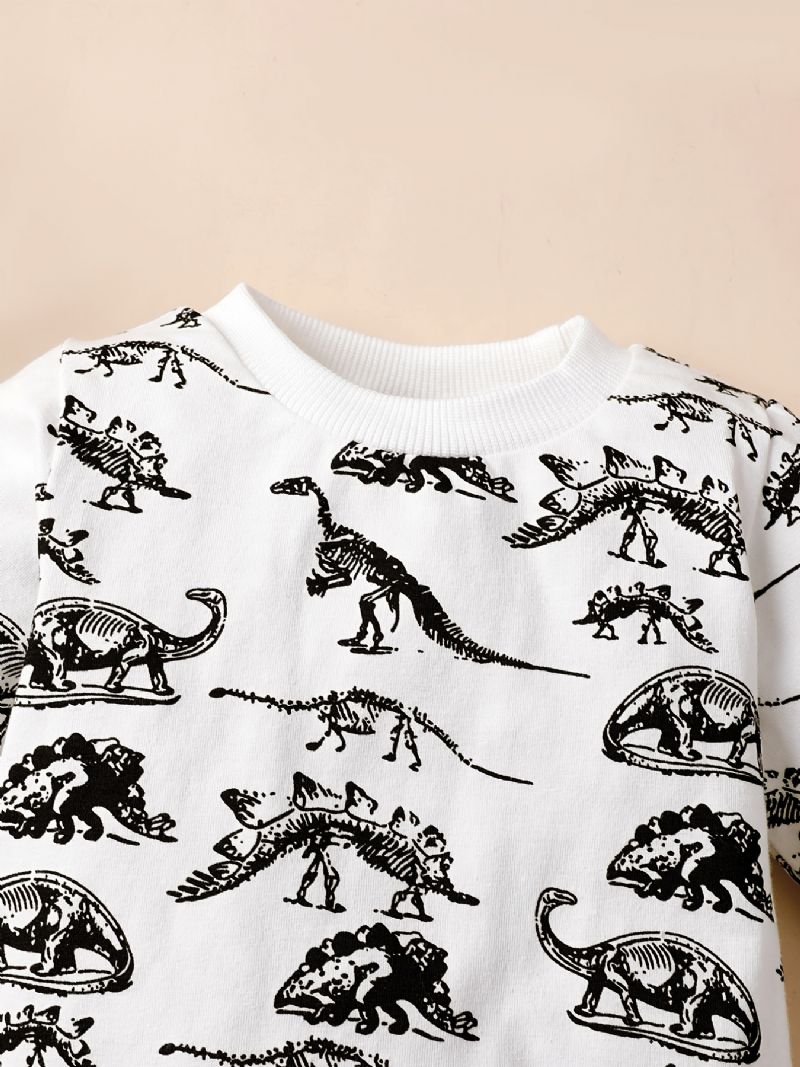 2 Stk Småbarn Gutter Dinosaur Print Sweatshirt Med Rund Hals Og Buksesett