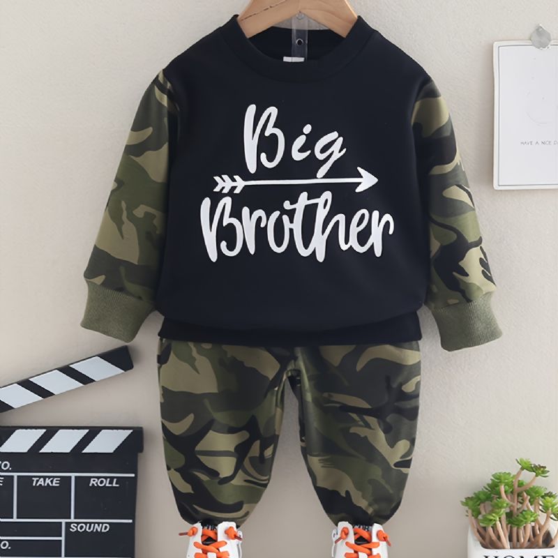 2stk Baby Gutter Brev Kamuflasje Print Pullover Rund Hals Langermet Sweatshirt & Buksesett