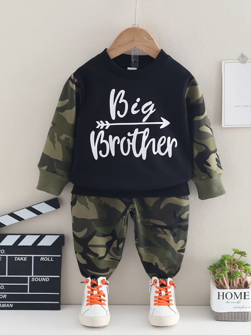 2stk Baby Gutter Brev Kamuflasje Print Pullover Rund Hals Langermet Sweatshirt & Buksesett