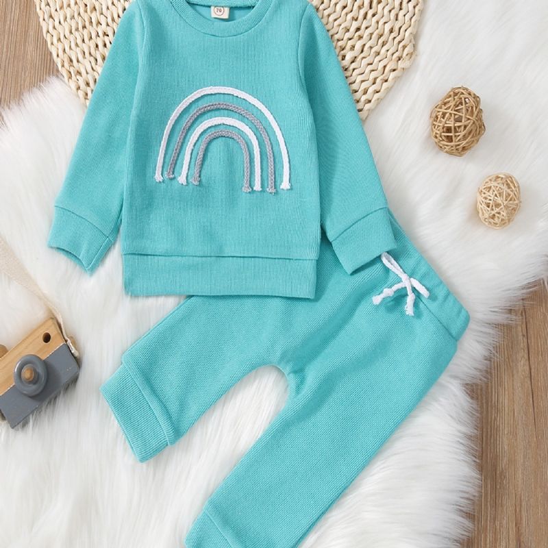 2stk Baby Jenter Casual Rainbow Brodert Pullover Sweatshirt & Stringsbuksesett For Vinter