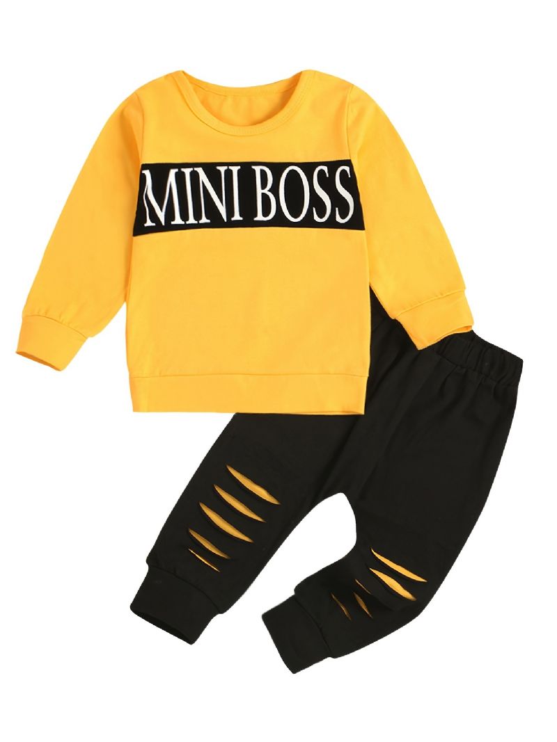 2stk Gutter Casual Sett Med Mini Boss Print Active Pullover Sweatshirt & Ripped Sweatpants Til Vinter