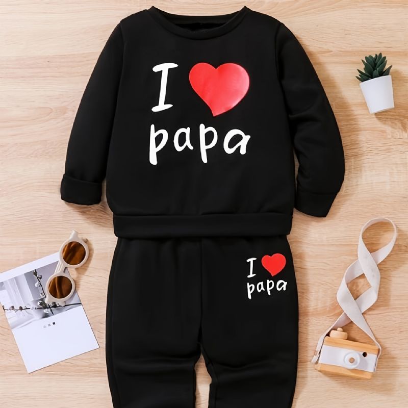 2stk Gutter Causal Active Set With I Love Papa Print Pullover Sweatshirt & Sweatpants For Winter