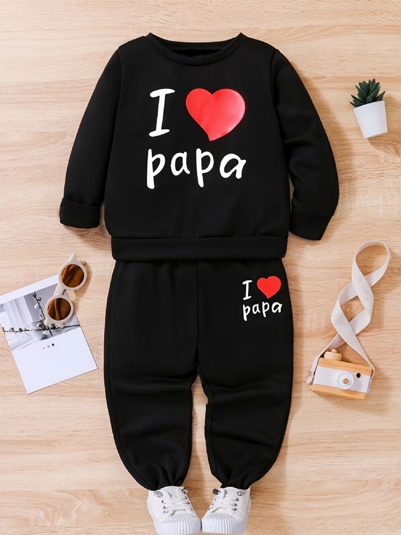 2stk Gutter Causal Active Set With I Love Papa Print Pullover Sweatshirt & Sweatpants For Winter