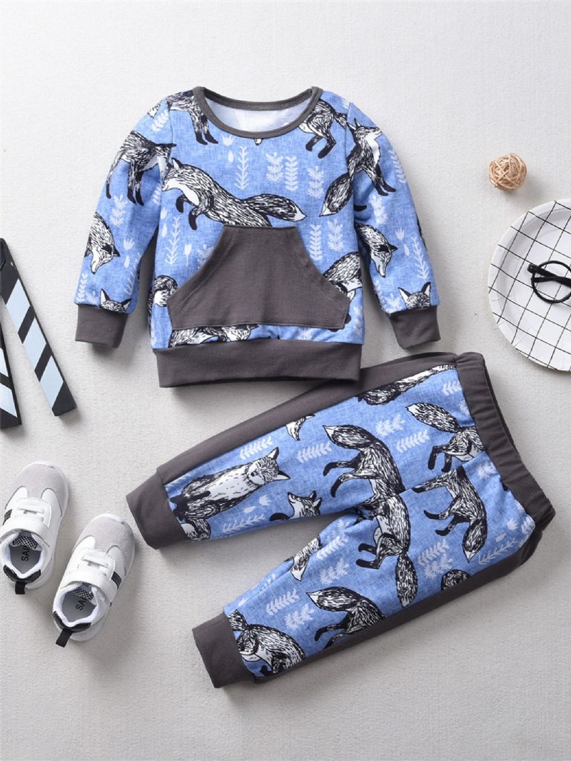 2stk Høst Vinter Jenter Snow Fox Print Sweatshirt Dress Sett