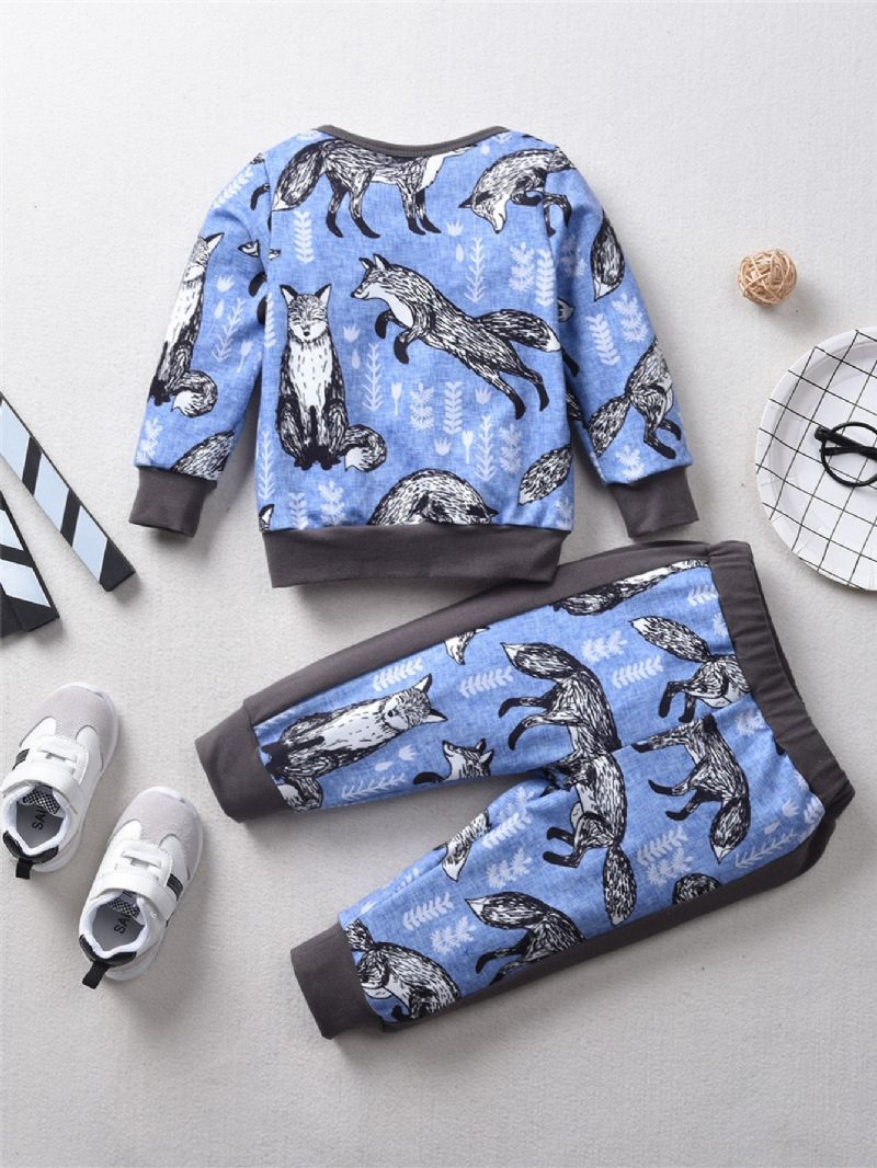 2stk Høst Vinter Jenter Snow Fox Print Sweatshirt Dress Sett