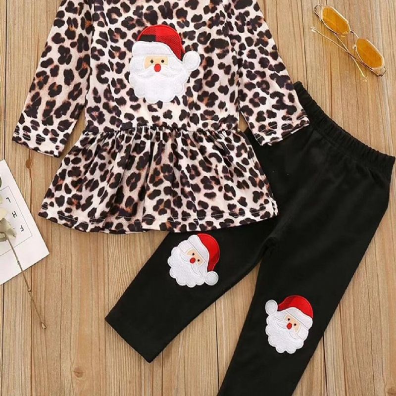 2stk Jenter Christmas Leopard Print Langermet Topp & Buksesett