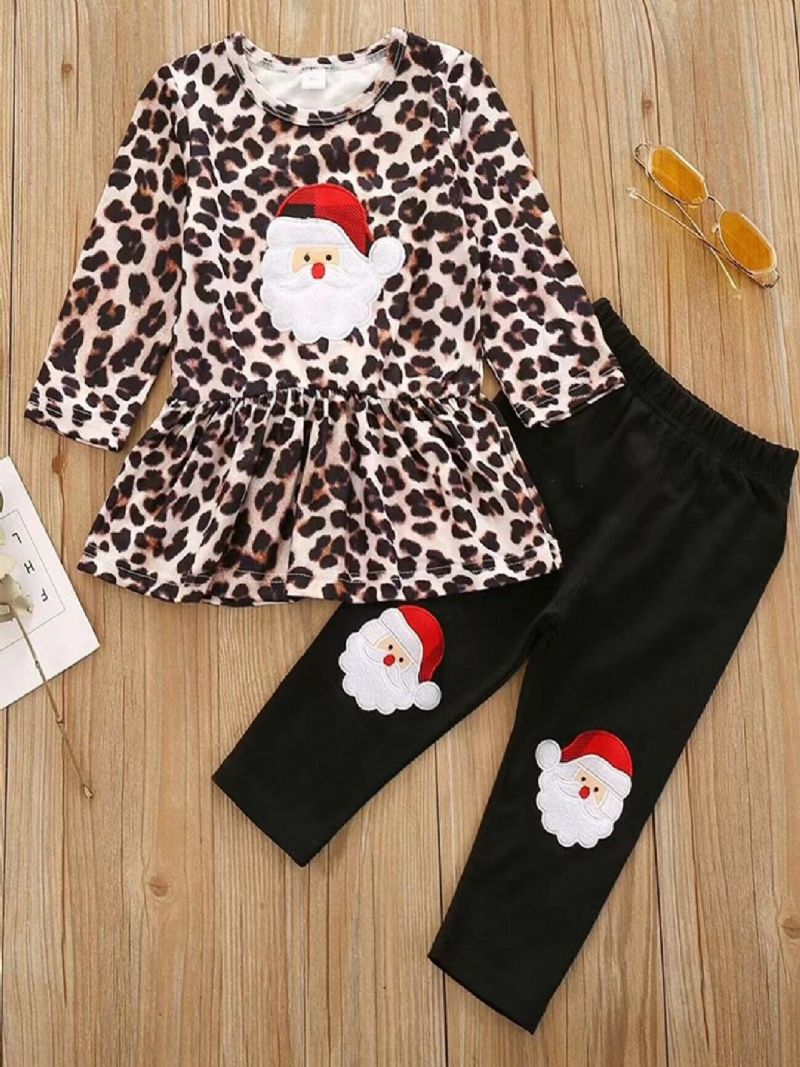 2stk Jenter Christmas Leopard Print Langermet Topp & Buksesett