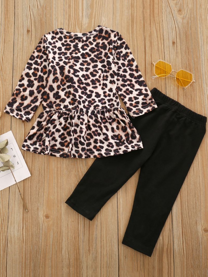 2stk Jenter Christmas Leopard Print Langermet Topp & Buksesett