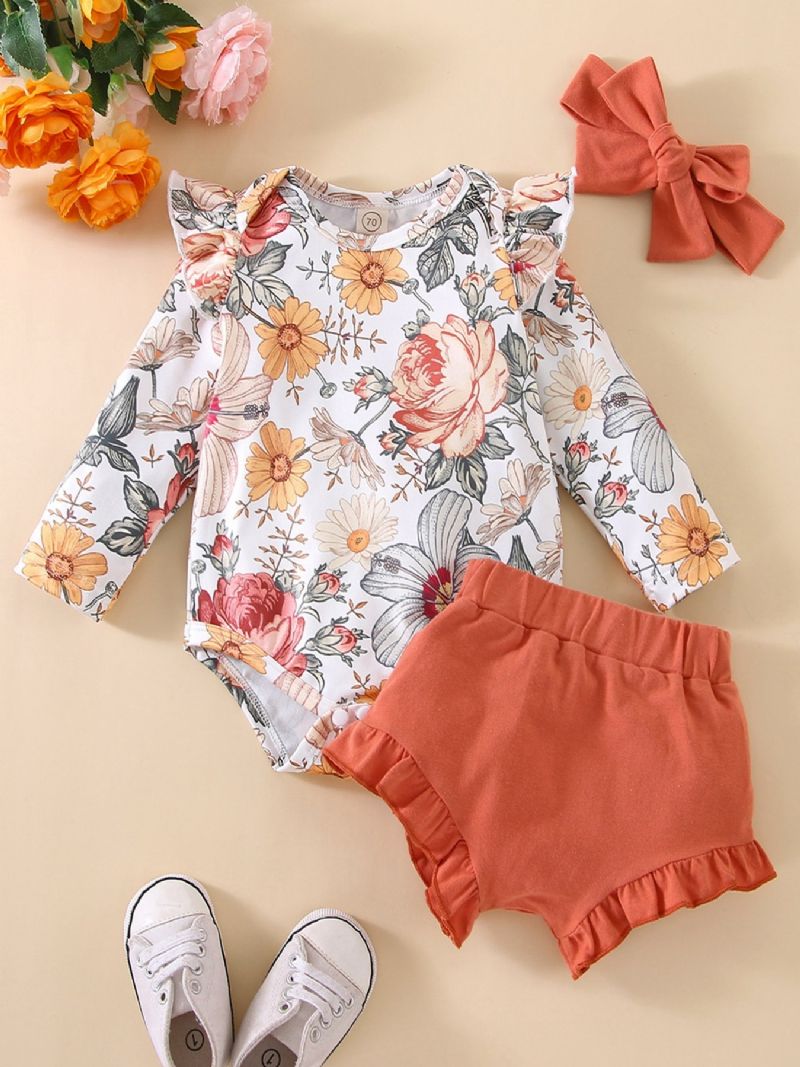 2stk Søt Jenter Rullesett Med Ruffled Blomster Print Romper & Shorts Sett