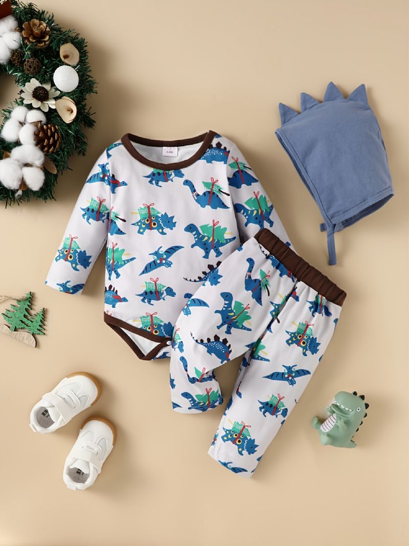 3 Stk Baby Gutter Dinosaur Print Langermet Topp & Bukser & Hat