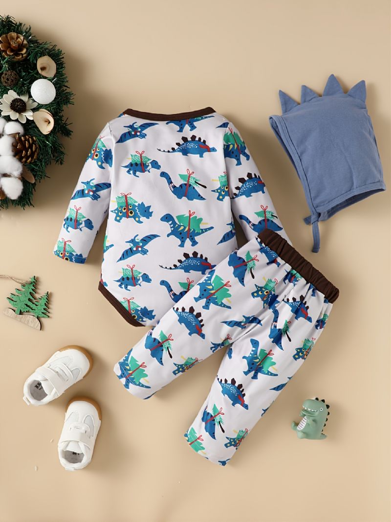 3 Stk Baby Gutter Dinosaur Print Langermet Topp & Bukser & Hat