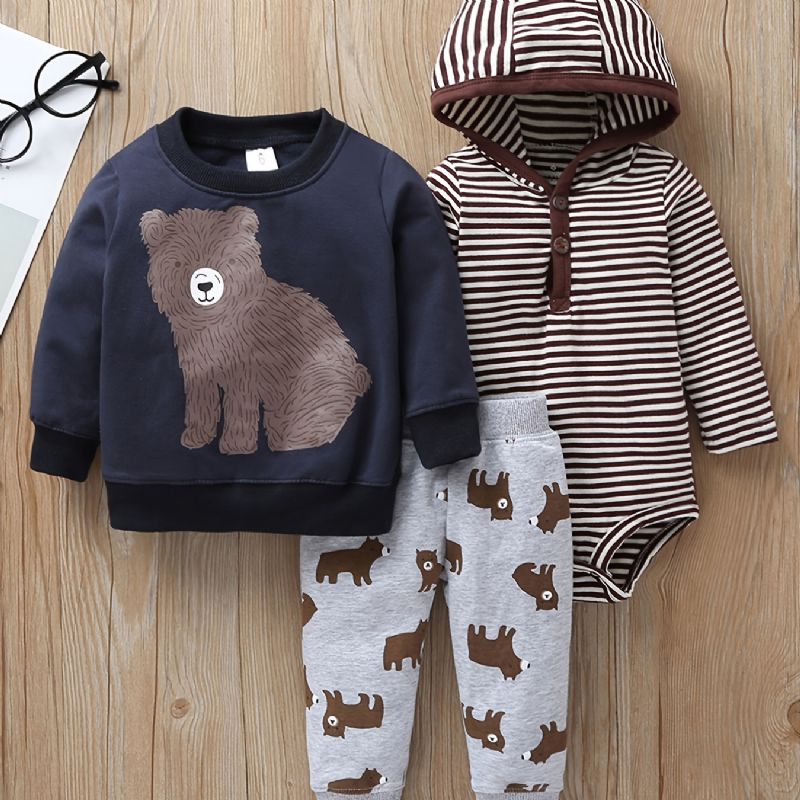 3 Stk Baby Gutter Hette Bjørn Print Bodysuit & Sweatshirt & Bukser Sett For Høst Vinter Ny