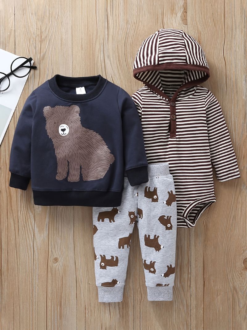 3 Stk Baby Gutter Hette Bjørn Print Bodysuit & Sweatshirt & Bukser Sett For Høst Vinter Ny