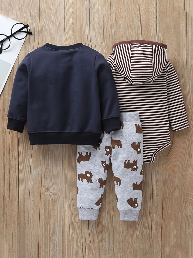 3 Stk Baby Gutter Hette Bjørn Print Bodysuit & Sweatshirt & Bukser Sett For Høst Vinter Ny