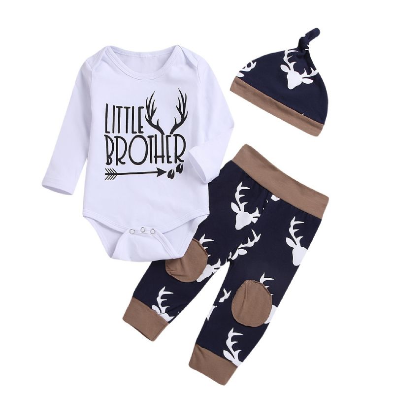 3 Stk Baby Gutter Romper Langermet Elg Print Bodysuits & Bukser & Hat Outfit Set