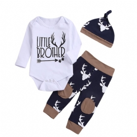 3 Stk Baby Gutter Romper Langermet Elg Print Bodysuits & Bukser & Hat Outfit Set