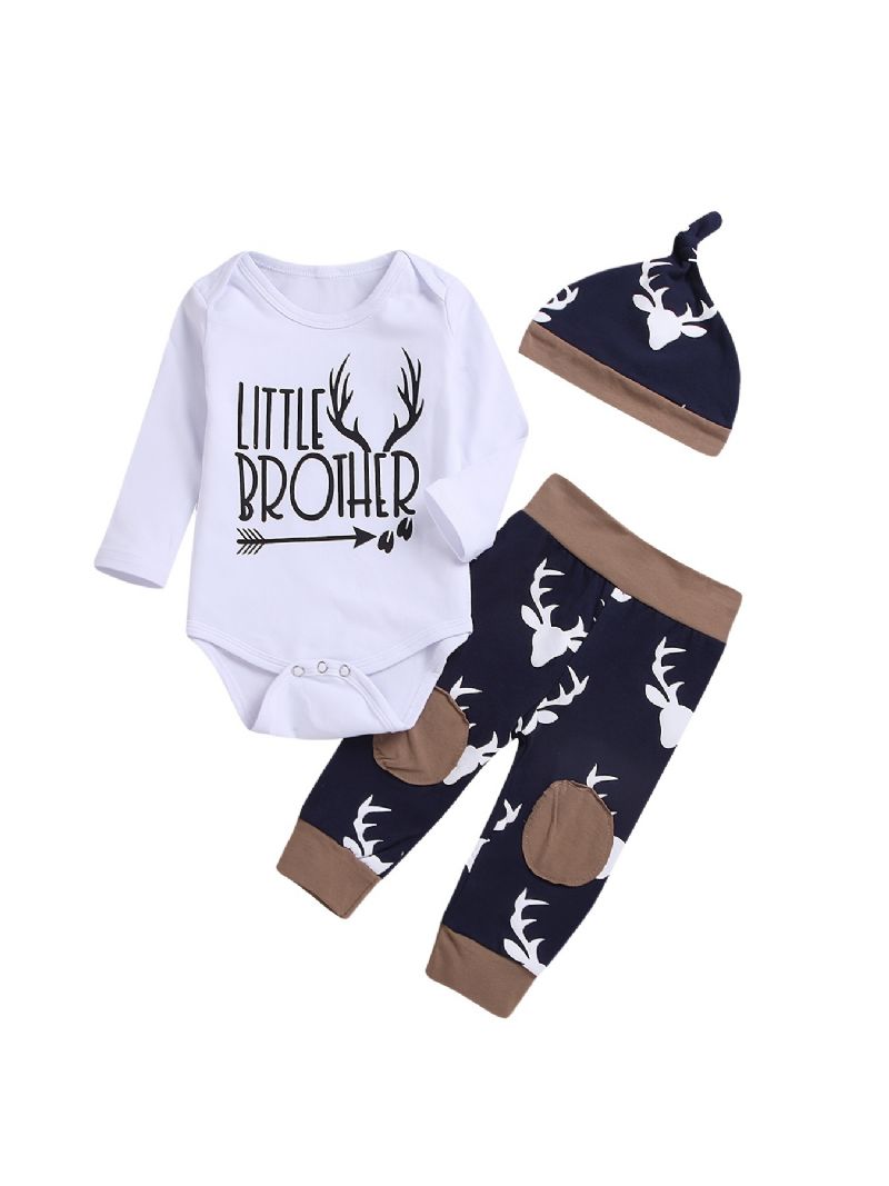 3 Stk Baby Gutter Romper Langermet Elg Print Bodysuits & Bukser & Hat Outfit Set