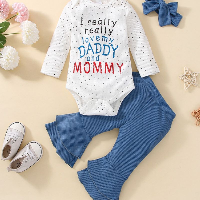 3 Stk Baby Jenter Alphabet Print Langermet Bodysuit & Flared Bukser Sløyfesett