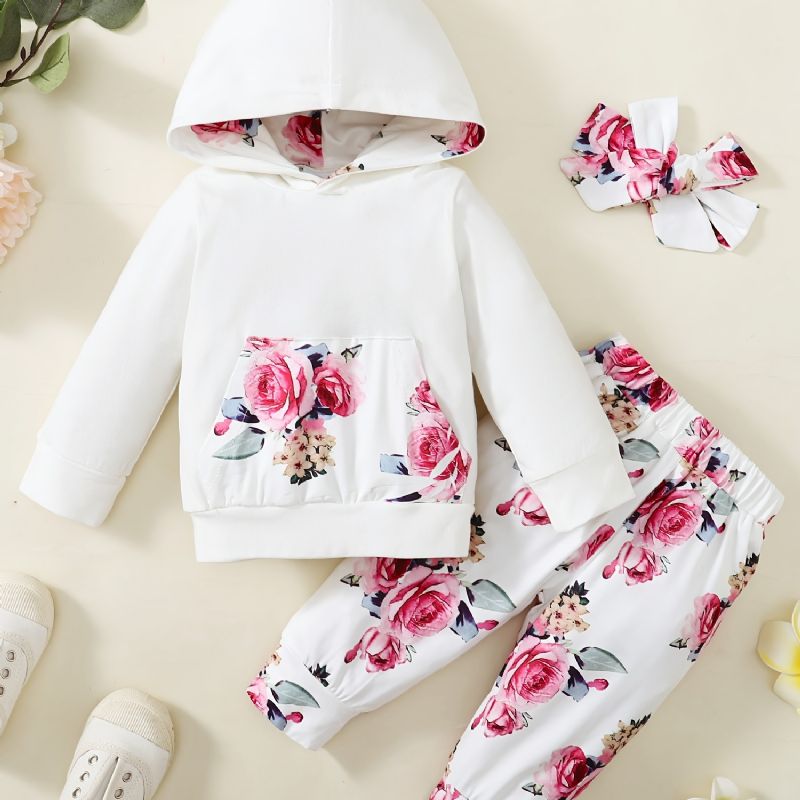 3 Stk Baby Jenter Flower Print Langermet Hettegenser & Bukser & Hårbåndsett