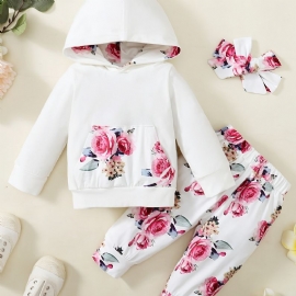 3 Stk Baby Jenter Flower Print Langermet Hettegenser & Bukser & Hårbåndsett