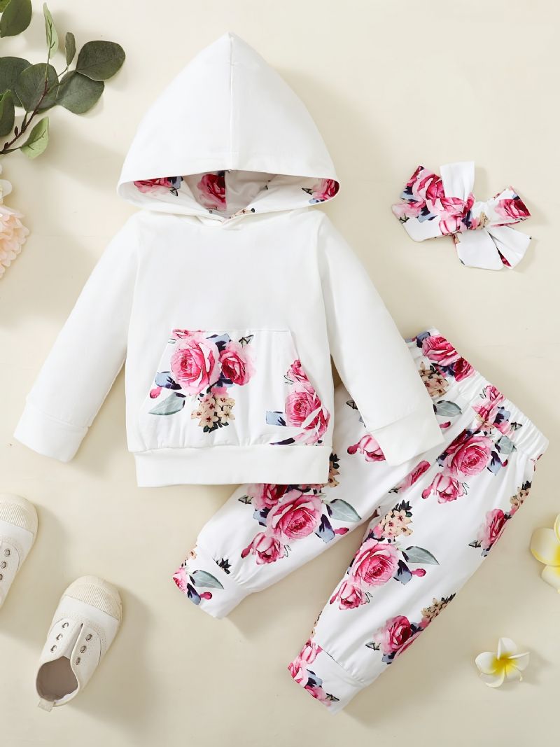 3 Stk Baby Jenter Flower Print Langermet Hettegenser & Bukser & Hårbåndsett