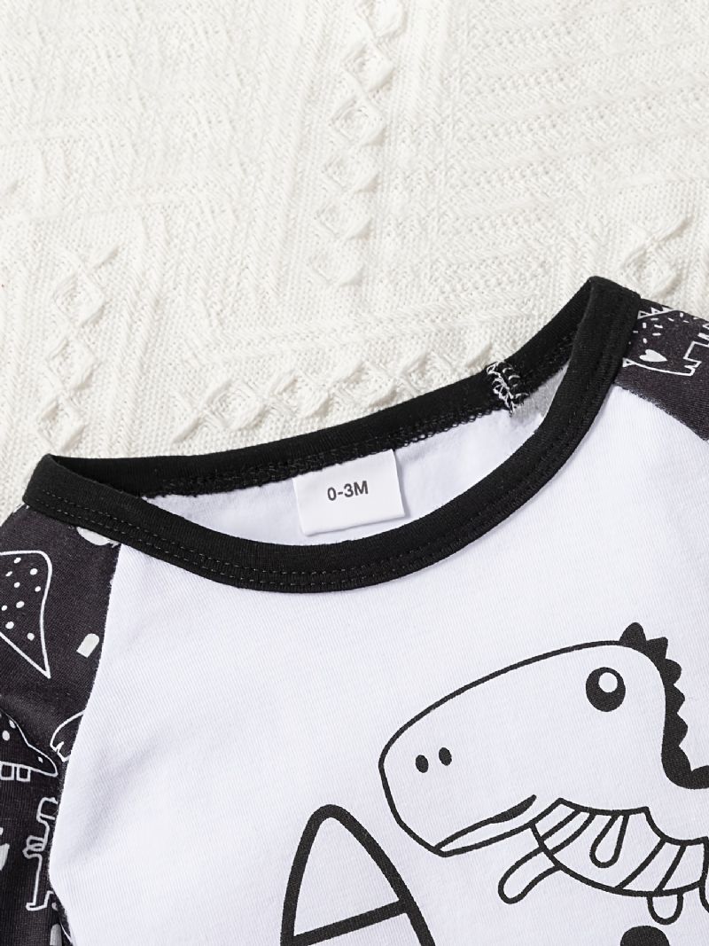 3 Stk Baby Romper Letter Dinosaur Print Langermet Bodysuit & Stripete Bukser & Hattesett Jenter Gutter Barneklær