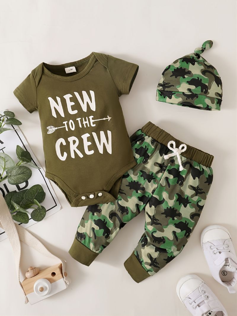 3 Stk Guttedrakter Høst & Vinter Barn Dinosaur Camo Kortermet Bodysuit & Buksesett Med Hatt