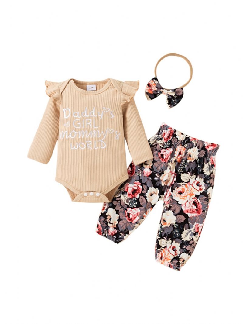 3 Stk Høst Og Vinter Jentebaby Brevtrykk Solid Rundhals Langermet Bodysuit Blomstertrykk Uformelle Bukser Og Sløyfe Pannebåndsett