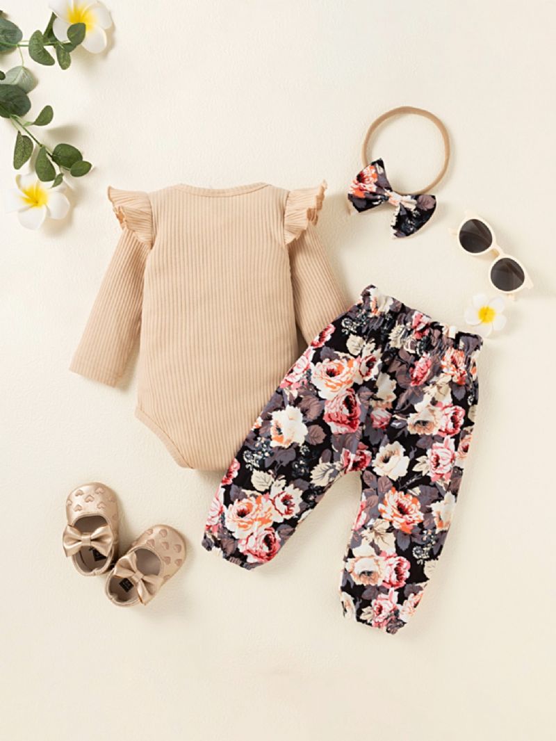 3 Stk Høst Og Vinter Jentebaby Brevtrykk Solid Rundhals Langermet Bodysuit Blomstertrykk Uformelle Bukser Og Sløyfe Pannebåndsett