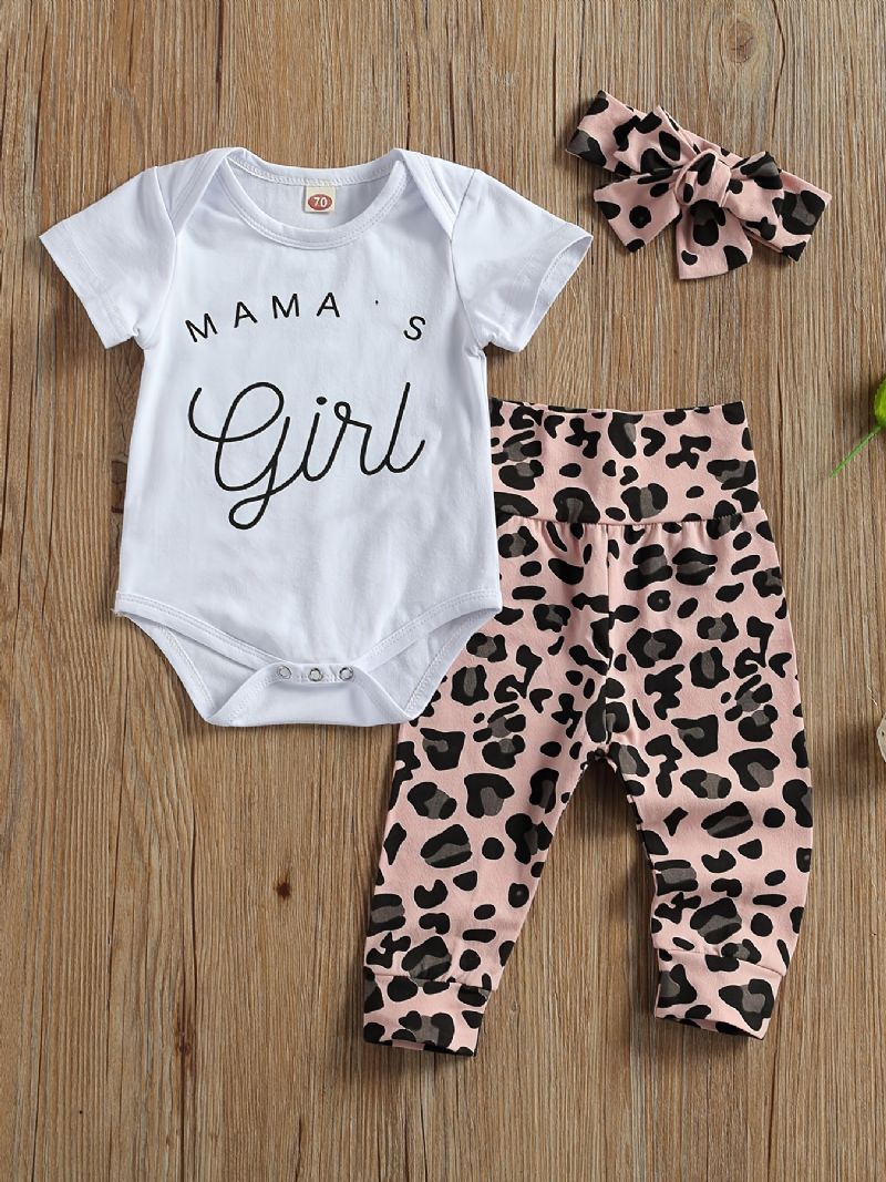 3 Stk Jente Kortermet Romper Mamas Jent Letter Graphic Bodysuit & Leopard Print Langbukser & Pannebåndsett