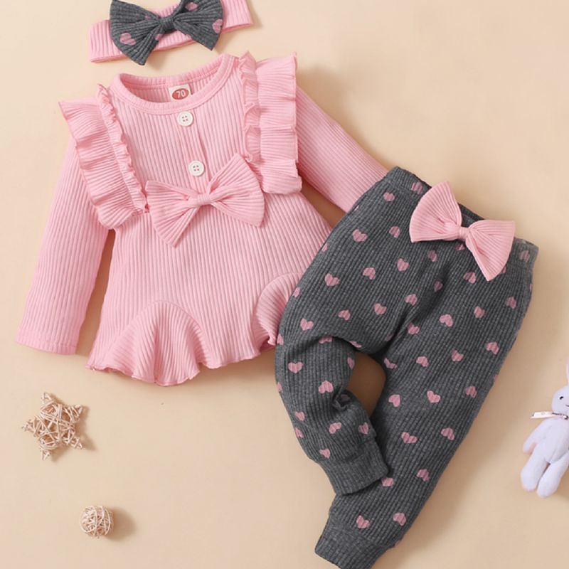 3 Stk Jentebaby Sweet Ruffle Genser Leggings & Sløyfe Pannebåndsett