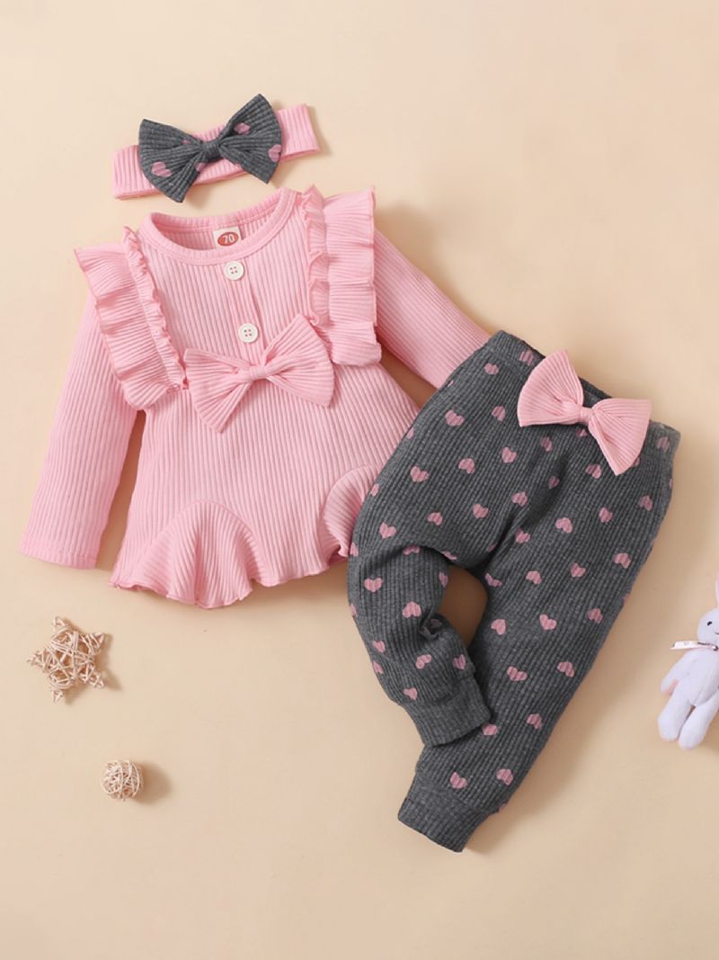 3 Stk Jentebaby Sweet Ruffle Genser Leggings & Sløyfe Pannebåndsett