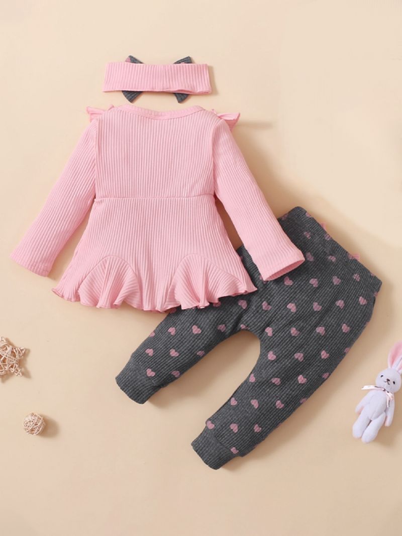 3 Stk Jentebaby Sweet Ruffle Genser Leggings & Sløyfe Pannebåndsett