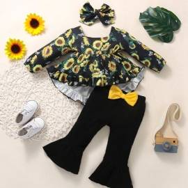 3 Stk Jenter Flower Sunflower Print Top + Flared Buksesett