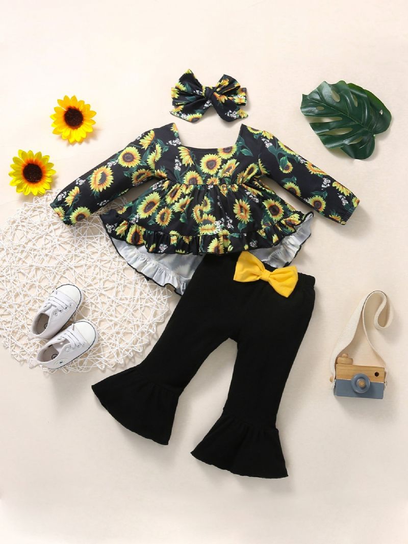 3 Stk Jenter Flower Sunflower Print Top + Flared Buksesett