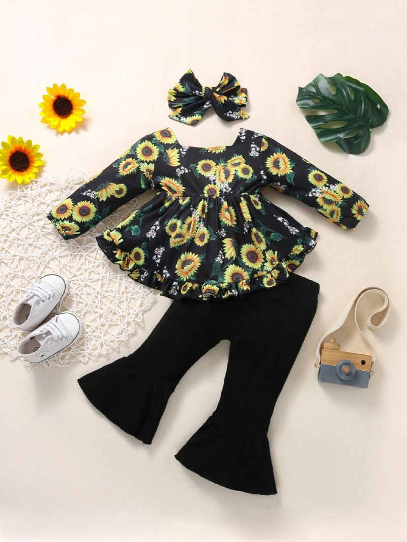 3 Stk Jenter Flower Sunflower Print Top + Flared Buksesett