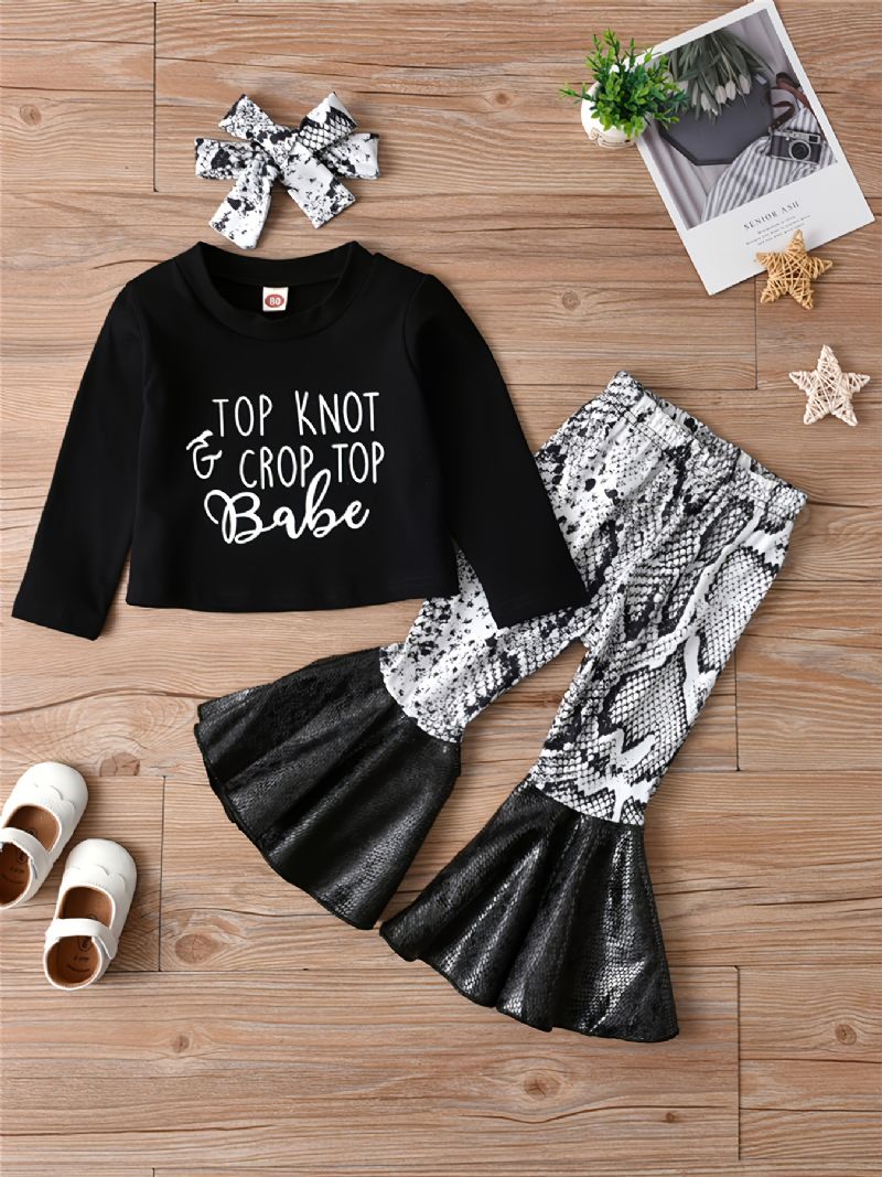 3 Stk Jenter Top Knot & Crop Top Babe Print Crew Neck Langermet + Utsvingede Bukser + Sløyfe Pannebåndsett