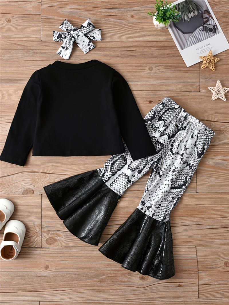 3 Stk Jenter Top Knot & Crop Top Babe Print Crew Neck Langermet + Utsvingede Bukser + Sløyfe Pannebåndsett