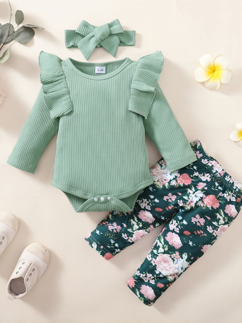 3 Stk Jentesett Solid Langermet Onesie-rompers Blomsterprint Buksesett Med Sløyfe Pannebånd