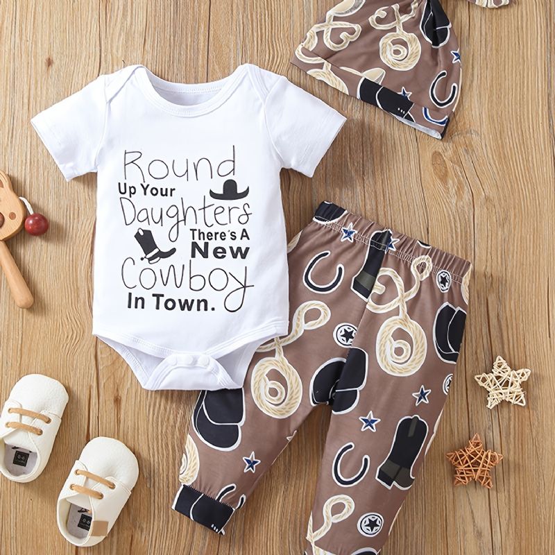 3 Stk Newborn Baby Gutter Cowgutter Print Romper Sett Med Søt Casual Crew Neck Kortermet & Bukser & Hat Til Vinter