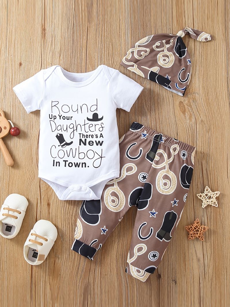 3 Stk Newborn Baby Gutter Cowgutter Print Romper Sett Med Søt Casual Crew Neck Kortermet & Bukser & Hat Til Vinter