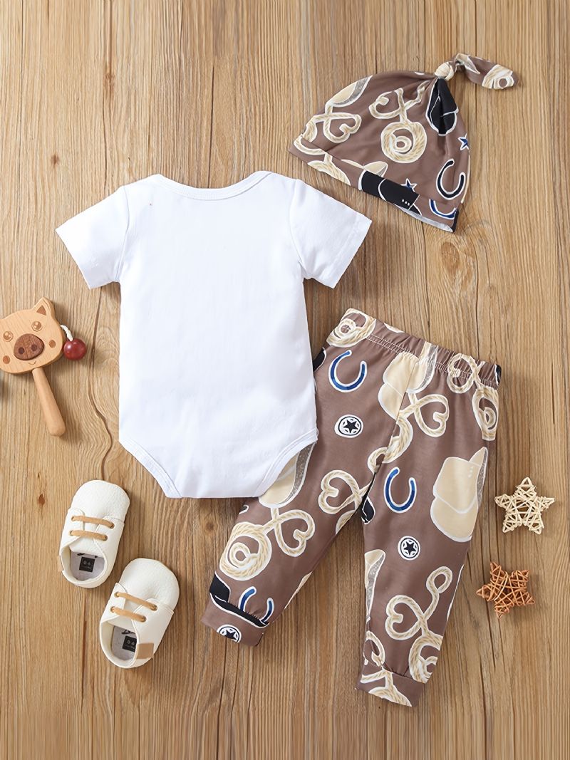 3 Stk Newborn Baby Gutter Cowgutter Print Romper Sett Med Søt Casual Crew Neck Kortermet & Bukser & Hat Til Vinter