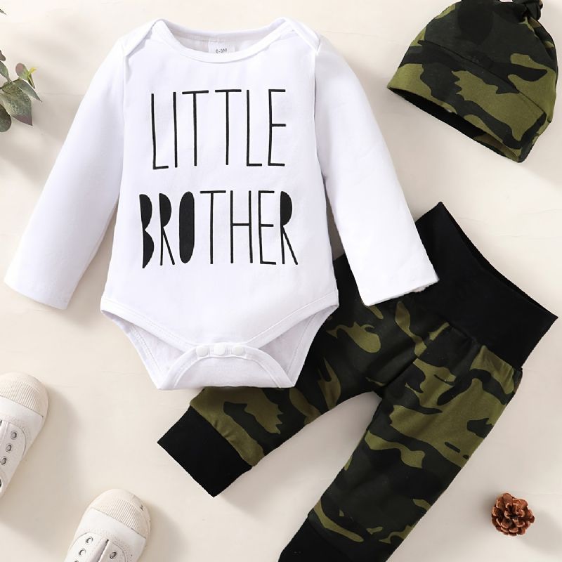 3 Stk Newborn Baby Letter Print Langermede Bukser & Camo & Lue For Gutter