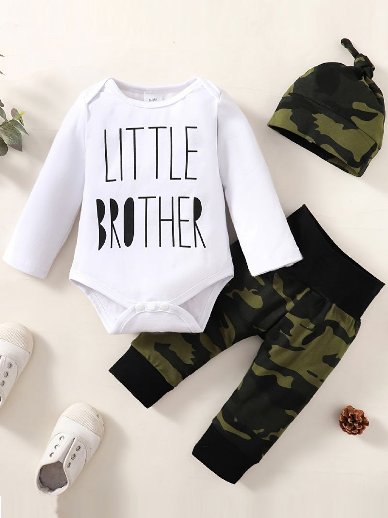 3 Stk Newborn Baby Letter Print Langermede Bukser & Camo & Lue For Gutter