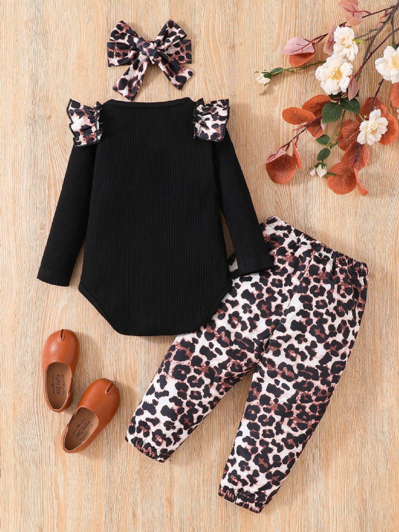 3 Stk Småbarn Jenter Leopard Print Erme Rund Hals Bodysuit & Bukser Sett