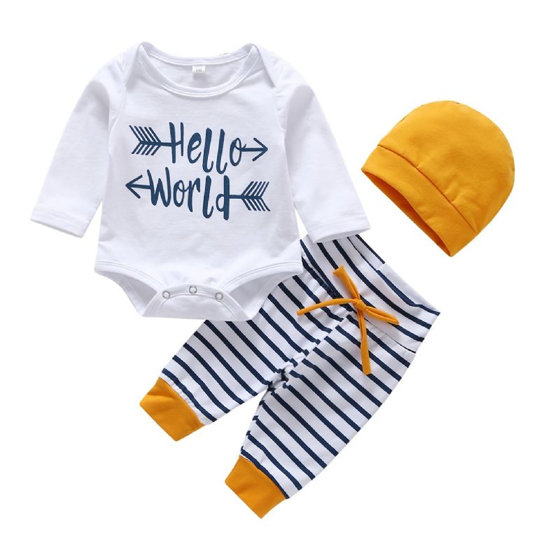 3stk Baby Gutter Hello World Letter Print Onesie Topp Stripete Bukser Med Hat Sett Klær