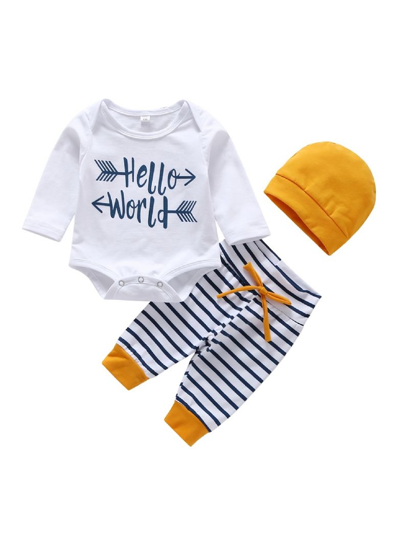 3stk Baby Gutter Hello World Letter Print Onesie Topp Stripete Bukser Med Hat Sett Klær