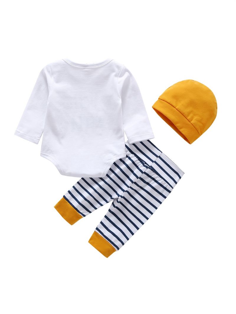 3stk Baby Gutter Hello World Letter Print Onesie Topp Stripete Bukser Med Hat Sett Klær