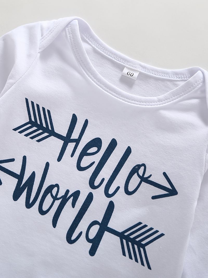 3stk Baby Gutter Hello World Letter Print Onesie Topp Stripete Bukser Med Hat Sett Klær