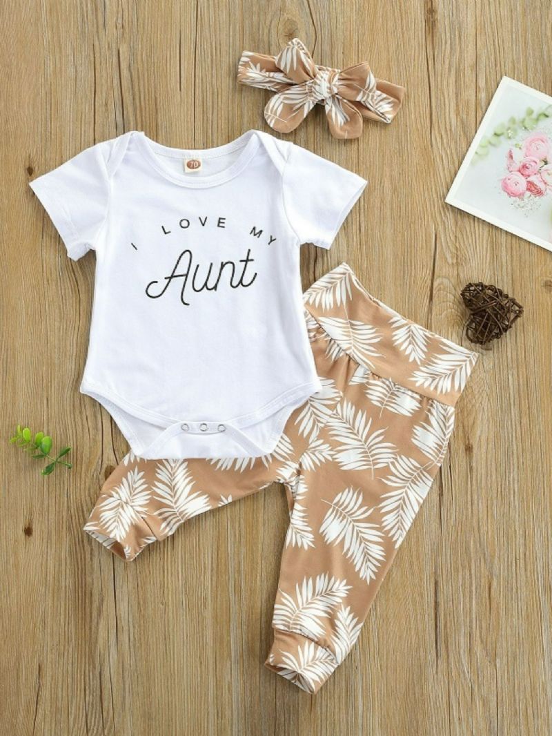 3stk Baby Letter Print Romper & Botanical Bukser Sett Med Pannebånd